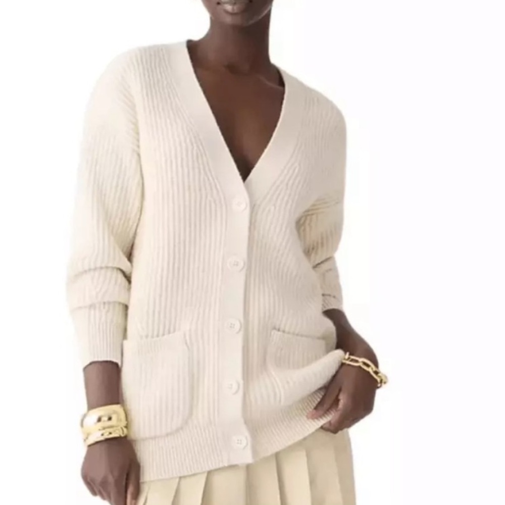 J Crew - Ribbed V Neck Cardigan Sweater - XS - Ivory Heather Muslin Sand - NWT